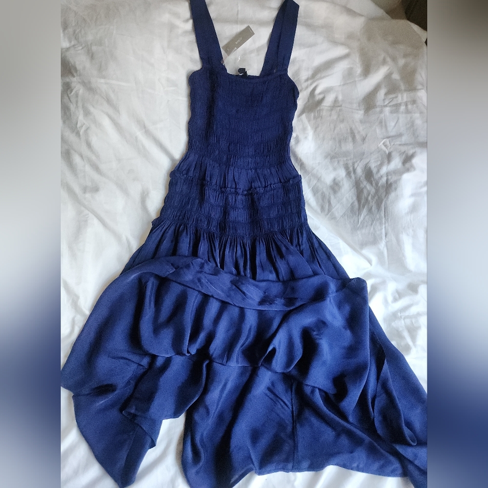 Jcrew Smocked midi dress in summer Navy Blue Bnwt - Picture 7 of 13